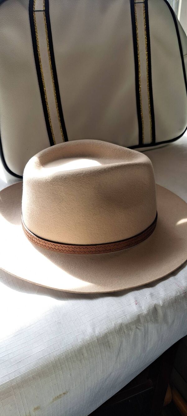 Kooringal Australia Wool Felt Fedora Hat Beige Tan Wide Brim Leather Band Size 7 - Picture 6 of 7